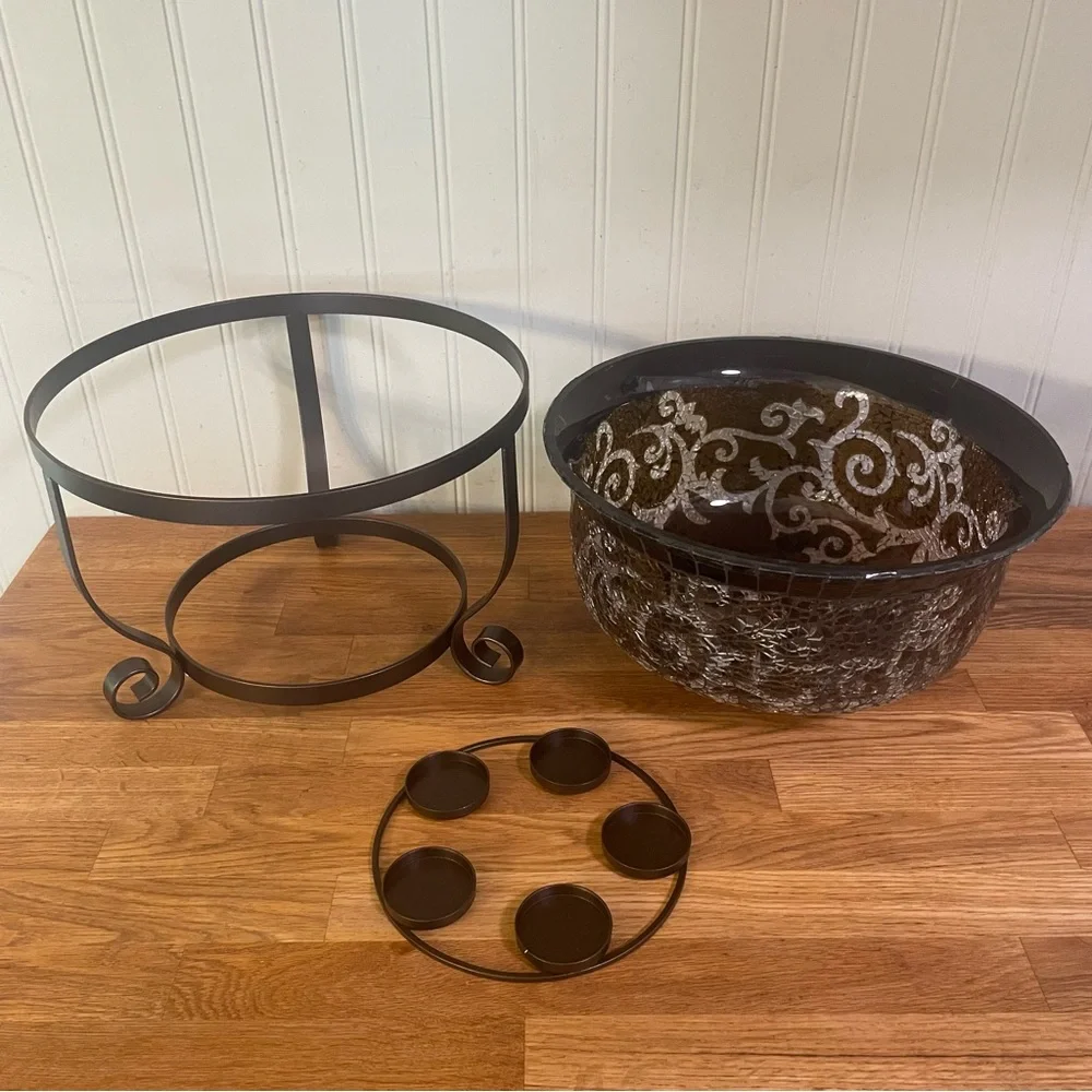 NEW PartyLite Amaretto Swirl 3-Wick Candle Holder Bowl & Iron Stand - Picture 2 of 5